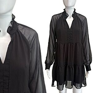 1State Sheer Chiffon Babydoll Dress Size Small Black Tiered Ruffle Long Sleeve